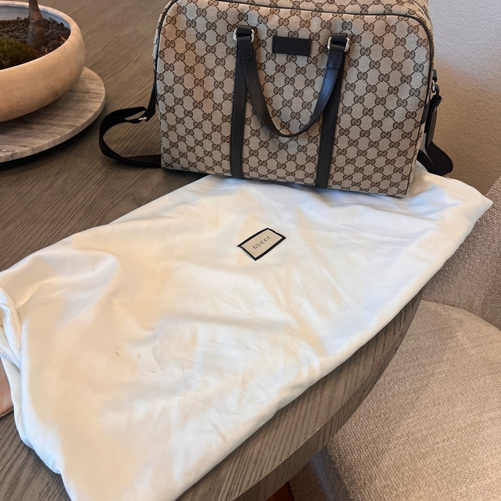 Gucci Beige GG Supreme Canvas Duffel with Brown Leather Trim